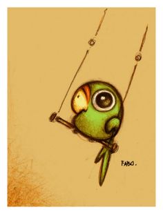 a green bird sitting on top of a wooden pole next to a fishing rod with a fish in it's mouth