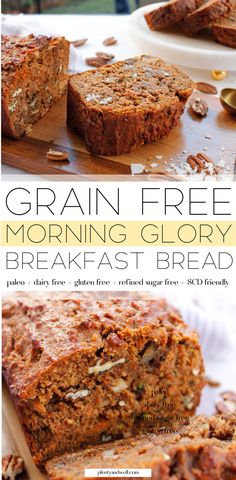 grain - free morning glory breakfast bread on a cutting board with the text overlay