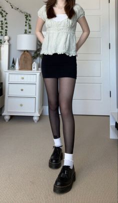 School Shoes Aesthetic Outfit, Black Skirt And Tights Outfit Aesthetic, Black Shoes Outfit Aesthetic, Blaire Top Brandy Melville, Brandy Black Skirt, Coquette Tights Outfit, Tights Summer Outfit, Black Mini Skirt Spring Outfit, Skirt And Tights Outfit Summer