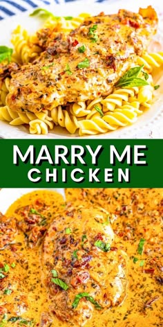 two pictures with different types of food on them and the words marry me chicken in green