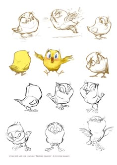 some cartoon birds with different expressions on the face and body, all drawn in pencil