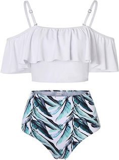 Kaei&Shi High Waisted Flounce Bikini Set,Tummy Control Swimsuits for Women,Off Shoulder Off Shoulder Bathing Suit, Strapless Swimwear, Strappy Swimwear, Trendy Swimsuits, Swimsuits Outfits, Swimsuits For Women, Cute Bathing Suits, Cute Swimsuits