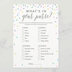 a printable what's in your purse checklist with sprinkles