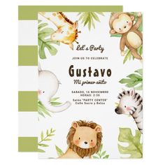 an animal themed baby shower is shown with jungle animals and leaves on the bottom corner