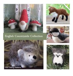 four different pictures of stuffed animals and mushrooms