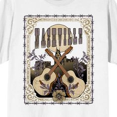 Get ready to rock out in style with this men's white t-shirt featuring two vintage acoustic guitars and the word "Nashville." Made from 100% cotton and designed with short sleeves and a comfortable crew neck, this shirt is perfect for any music lover. The graphic of two classic acoustic guitars pays tribute to the rich musical heritage of Nashville, the Music City, making it a great shirt to wear when you want to show off your love for music. And with its easy-to-care-for machine washable design Nashville Music Scene, Country Graphic Tees, Mens White Shorts, Nashville Music, White Tshirt Men, Sleeve Packaging, Acoustic Guitars, Music City, Top Graphic Tees