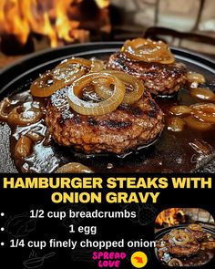 Hamburger Steaks with Onion Gravy Hamburger Steaks With Onion Gravy, Onion Gravy Recipe, Bacon Cheeseburger Meatloaf, Beef Tips And Noodles, Hamburger Steak And Gravy, Cheeseburger Meatloaf, Baked Meatloaf, Hamburger Steaks, Mexican Casserole Recipe