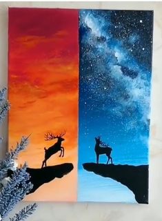 two paintings of deer standing on top of a hill under the stars and night sky