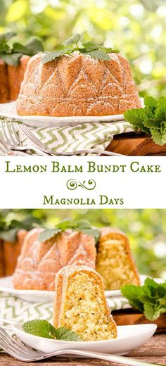 lemon balm bundt cake with green leaves on top