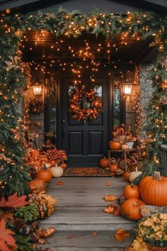 a front porch decorated for fall with pumpkins and greenery on the steps, lights strung over the door