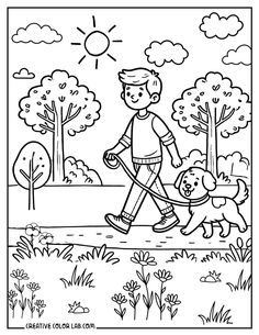 Dog walking at the park with a man coloring page. Dog Coloring Page, Dog Walking, Halloween Christmas