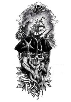 a black and white drawing of a skull with a pirate hat on it's head