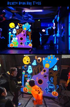 two pictures of children playing in an interactive play area at night and on the day