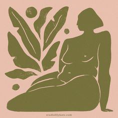 a drawing of a woman sitting next to a plant with leaves and nuts on it