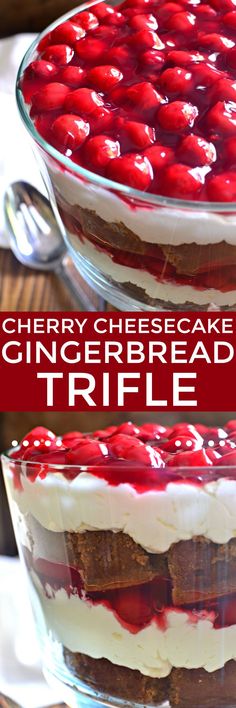 cherry cheesecake gingerbread trifle in a glass dish with the title above it