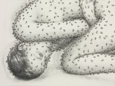 a drawing of a woman covered in lots of tiny black dots on her body and head