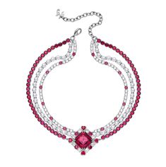 Dark Pink Alena Necklace Luxury Pink Necklaces With Diamond Accents, Luxury Pink Necklaces With Sparkling Stones, Pink Jewelry With Diamond Accents For Evening, Triple Layer Necklace, Pink Emerald, Necklace Name, Color Necklace, Semi Precious Gems, Senior Prom