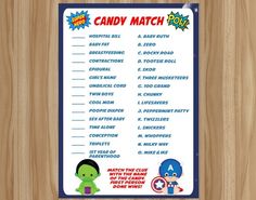 a printable candy match game with cartoon characters on the wooden background for kids to play