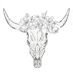 a cow skull with flowers on it's head is shown in black and white