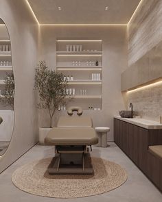 a spa room with white walls and shelves