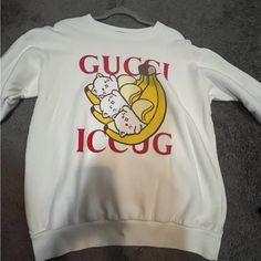 Gucci, Size: Small, But Oversized So Can Fit Medium Size As Well, Colors: White, Red, Brown, Yellow, It Has Cute Kittens In The Front Inside Of Bananas, 100% Authentic White Gucci Tops For Winter, Gucci Long Sleeve Tops With Letter Print, Trendy White Gucci Tops, Gucci Sweater, Cute Kittens, Red Brown, Bananas, Colorful Sweaters, Crew Neck Sweater