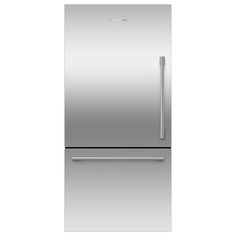 a silver refrigerator freezer sitting on top of a white counter