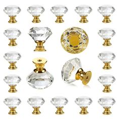 crystal glass door knobs and handles with gold plated hardware, set of 25