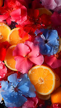 colorful flowers and oranges with water droplets on the petals are shown in this image