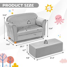 the product size is shown for children's sofa and footstool with an octopus design