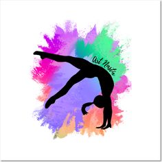 a person doing a handstand in front of colorful paint splattered background