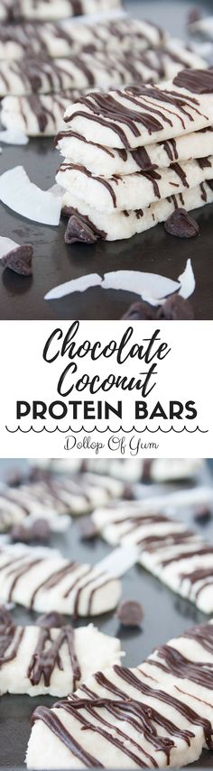 chocolate and coconut protein protein bars on a baking sheet with the title text overlay