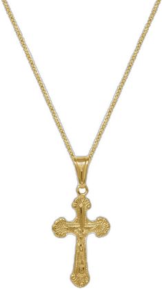 Gold Chain Jewelry With Cross Pendant, Gold Plated Chain Necklace With Cross Pendant, Elegant Cross Necklace With Box Chain, Gold Plated Cross Pendant Jewelry With Adjustable Chain, Gold Plated Cross Pendant Necklace With Adjustable Chain, Gold Plated Adjustable Chain With Cross Pendant, Yellow Gold Crucifix Necklace With Adjustable Chain, Adjustable Gold Plated Cross Pendant Necklace, Yellow Gold Chain Necklace With Cross Pendant