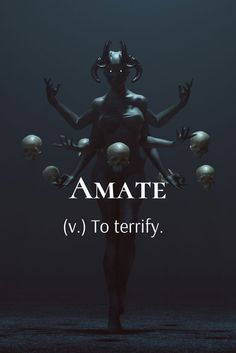 a woman standing in front of skulls with the words amate v to terrily