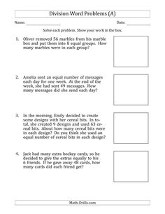 the division word problems worksheet is shown in this image, which includes two numbers and