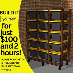 a bookcase with lots of bins on it and the words build it yourself for just $ 100 and 2 hours