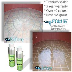 the before and after pictures show how to paint tile floors with white grout on them