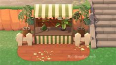 an animated image of a small booth with potted plants on the ground and steps leading up to it