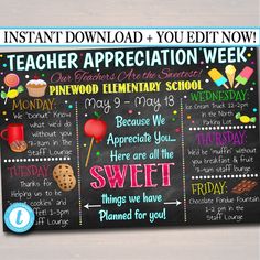 a teacher appreciation week chalkboard with candy, cookies and other treats on the board