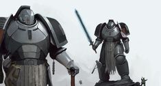 two sci - fi characters standing next to each other with swords and armor on their hands