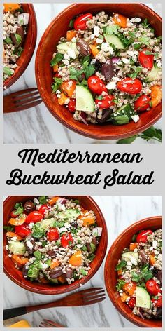 two bowls filled with different types of salads on top of a white marble counter