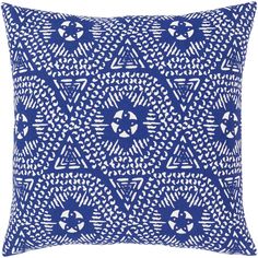 a blue and white pillow with an abstract design on the front, featuring geometric shapes