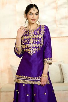 Buy Blue Kurta And Sharara Dupion Embroidered Flower Notched Gota Set For Women by Preeti S Kapoor Online at Aza Fashions. Purple Floral Embroidered Sharara For Eid, Purple Palazzo Set With Floral Embroidery For Wedding, Embroidered Purple Sharara, Purple Floral Embroidery Sharara For Eid, Purple Floral Embroidery Palazzo Set For Wedding, Wedding Purple Palazzo Set With Floral Embroidery, Festive Purple Palazzo Set With Floral Embroidery, Kurta And Sharara, Gota Embroidery