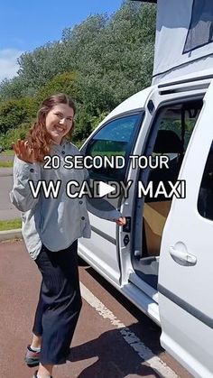 a woman standing in front of a van with the words, 20 second tour w / candy max