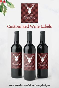 three bottles of wine with the words customized wine labels in red and black on them