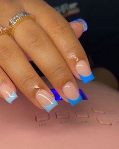 French Tip Square Nails Color, Colored French Tip Nails Short Square, Short Nails With Blue Tips, Short French Nails Different Colors, Short French Tip Styles, Blue Nail Designs Short Square, Nail Ideas Short Acrylic Square, Unique Trendy Nails, Cute Nails For Birthday Short French Tip