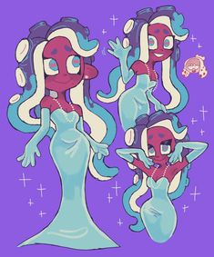 three mermaids with long hair and blue dresses