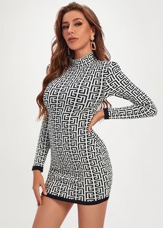 This Geometric Print Long Sleeve Bodycon Dress is the perfect balance between modern chic and classic elegance. Crafted with two-tone black and white geometric prints, this sleek mini dress offers a turtle-neck for a sophisticated look. Slip into this luxurious mini dress for an effortless and timeless style. Color: Black & White Sleeve Style: Regular Sleeve Length(cm): Full Silhouette: Sheath Neckline: Turtleneck Decoration: Geometric Print Style: Office Lady Dresses Length: Above Knee, Mini Ma White Fitted Turtleneck Dress, Fitted White Turtleneck Dress, Chic Turtleneck Bodycon Mini Dress, Elegant Bodycon Turtleneck Mini Dress, Fitted Mini Dress With Geometric Pattern, Black Bodycon Dress Long Sleeve, Turtleneck Mini Dress, Long Sleeve Bandage Dress, Geometric Prints