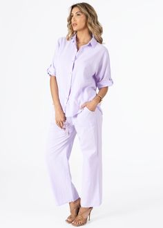 100% Cotton Imported from Peru Machine Wash Cold Modeled in size SM Model Measurements: Height 5’7”, Waist 25, Bust 31, Hips 33 Purple Relaxed Fit Blouse For Daywear, Lavender Long Sleeve Cotton Top, Summer Daywear Purple Shirt, Summer Purple Shirt For Daywear, Spring Cotton Shirt For Loungewear, Purple Cotton Blouse With Relaxed Fit, Casual Spring Loungewear Shirt, Casual Spring Shirt For Loungewear, Lavender Cotton Summer Shirt