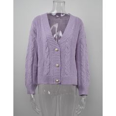 Solid Purple Button Cable V Neck Cardigan Casual Purple Cardigan With Button Closure, Casual Purple Cardigan With Buttons, Spring Purple Cardigan With Button Closure, Purple Long Sleeve Cardigan With Button Closure, Purple Button-up Cardigan With Buttons, Purple Button-up Cardigan, Purple Button-up Cardigan For Fall, Purple Fall Cardigan With Button Closure, Trendy Solid Color Button-up Cardigan