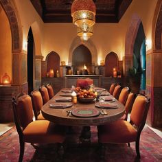 a dining room table with orange chairs and plates on it in front of an archway